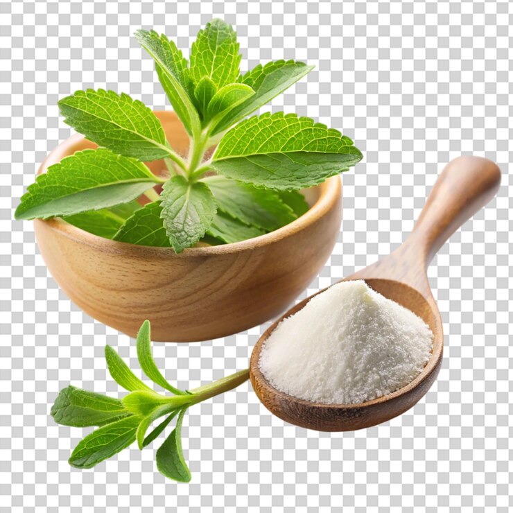 PSD planta de stevia con polvo de stevia en cuchara y cuenco aislado sobre un fondo transparente