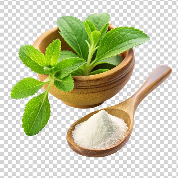PSD planta de stevia con polvo de stevia en cuchara y cuenco aislado sobre un fondo transparente