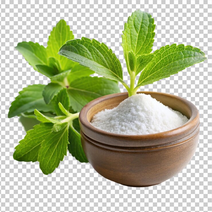 PSD planta de stevia con polvo de stevia sobre un fondo transparente