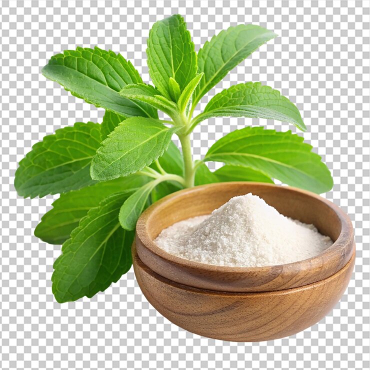 PSD planta de stevia con polvo de stevia sobre un fondo transparente