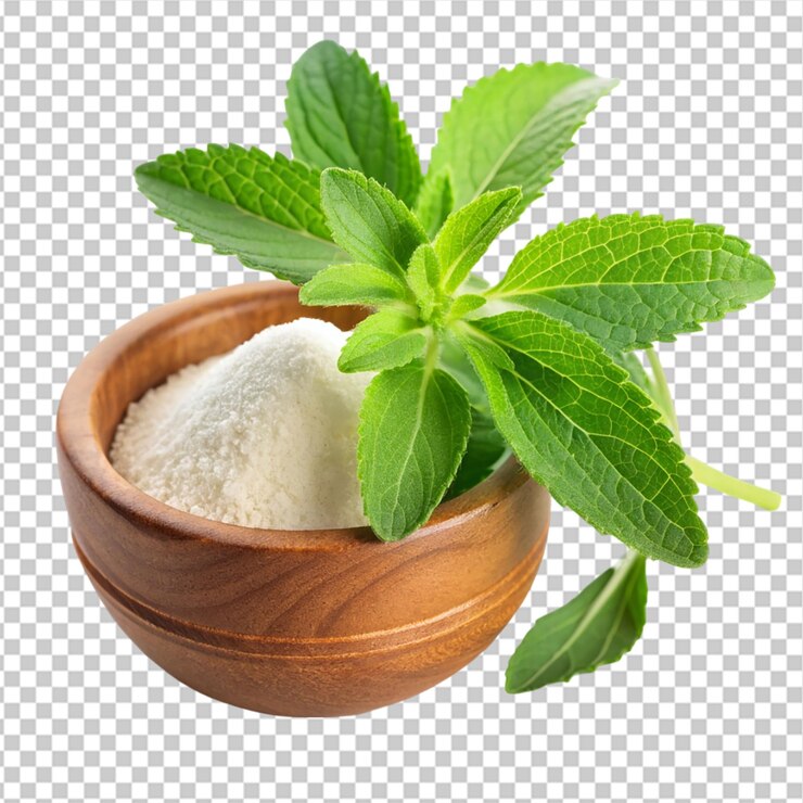 PSD planta de stevia con polvo de stevia sobre un fondo transparente