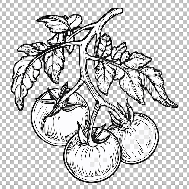 Planta de tomate dibujada a mano con fondo transparente para proyectos de grabado y diseño