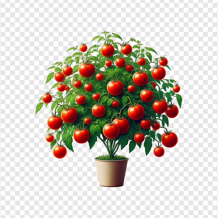 PSD planta de tomate con frutos en una olla aislada sobre un fondo transparente