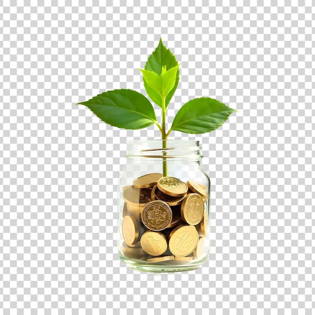 Planta verde crescendo a partir de moedas em frasco em fundo transparente