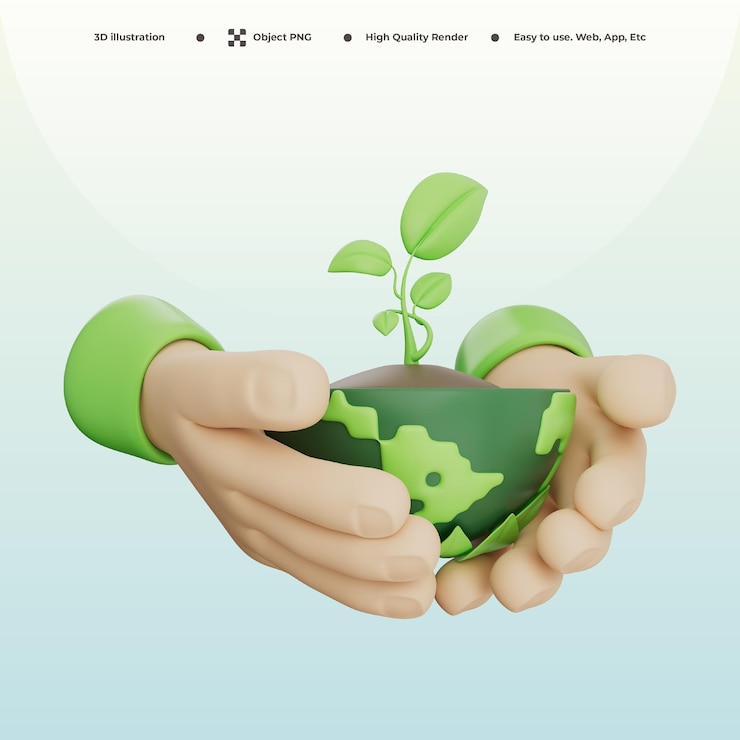 PSD planta verde en la tierra en la mano cuidado ecológico sostenibilidad ilustración 3d