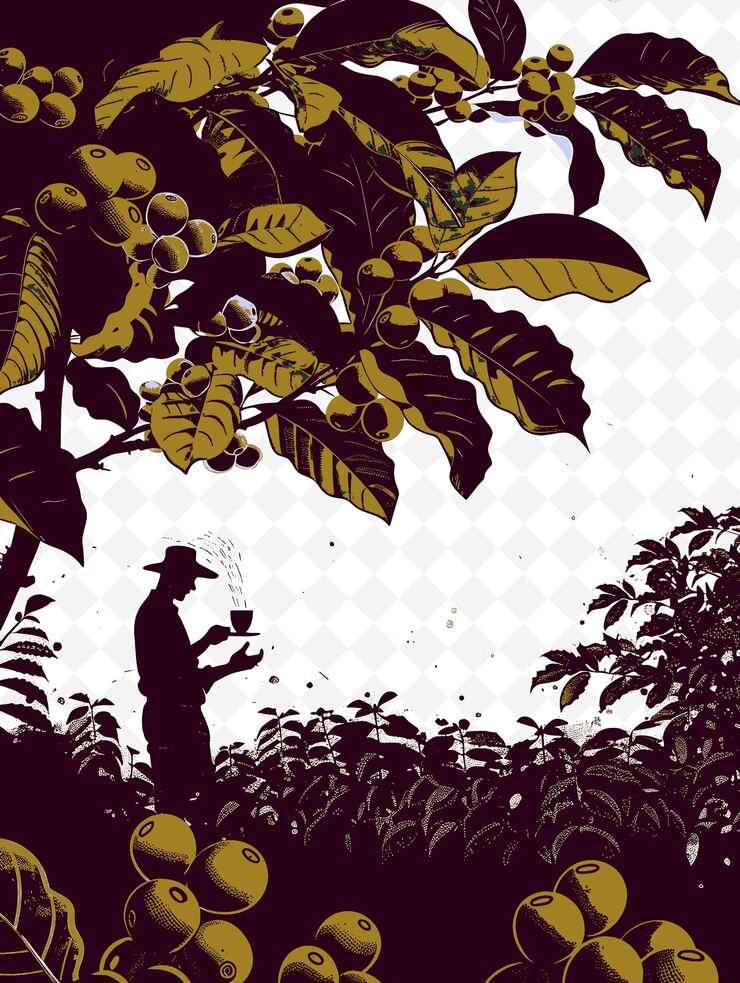 PSD una plantación de café brasileña con un granjero cosechando granos, una ilustración de la vida y la cultura brasileñas