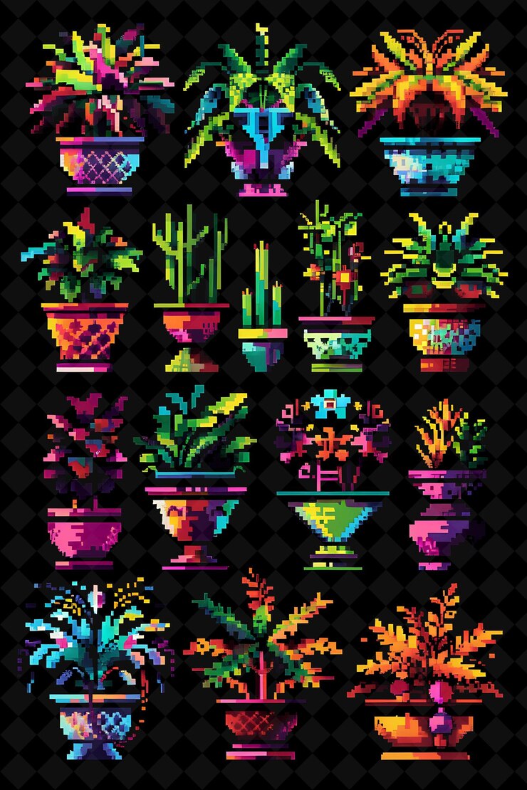PSD plantadoras decorativas al aire libre 8 bits de píxeles con diseño intrincado png colección de diseño único y2k