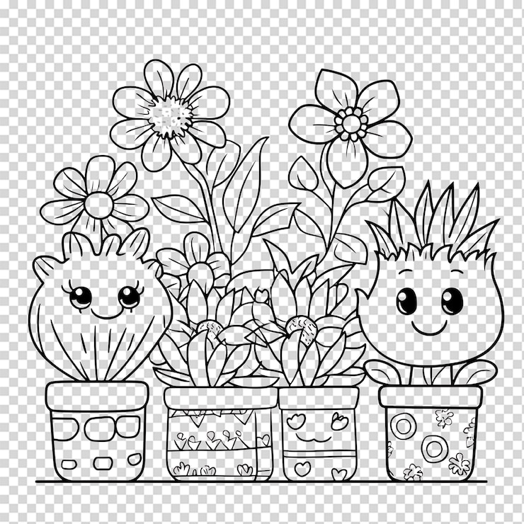 PSD plantas bonitas em vasos com rostos felizes