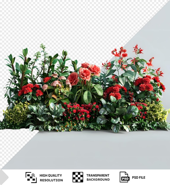 PSD plantas de céspedes de flores recortadas y flores rojas césped de flores para diseño de jardín follaje lujoso de arbustos y arbustos verdes rosas rojas y hojas verdes en una pared blanca png psd