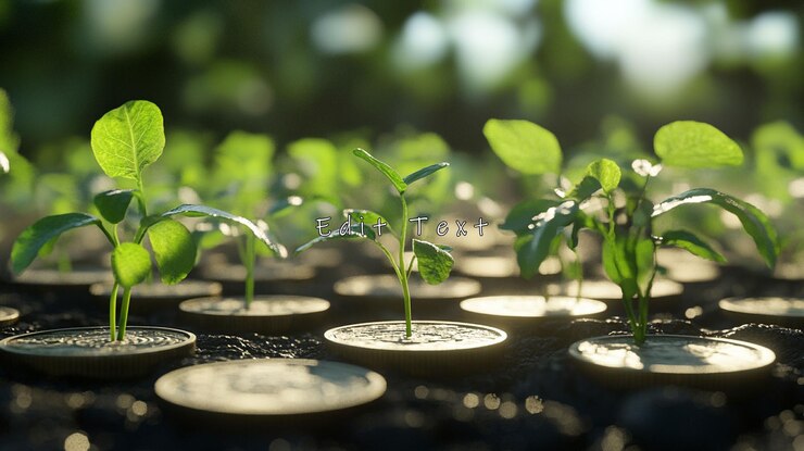 PSD plantas jóvenes que crecen a partir de monedas en el suelo que representan el crecimiento de la inversión y la prosperidad financiera