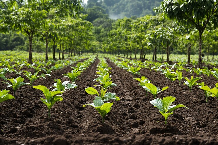 PSD plantas jovens de tabaco em fileiras cuidadosamente cultivadas em um campo sob um dossel de árvores verdes exuberantes