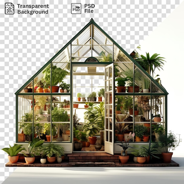 PSD plantas únicas em várias cores e tamanhos são exibidas em uma estufa, incluindo vasos de plantas em vasos marrons, laranja e verdes, bem como uma porta branca