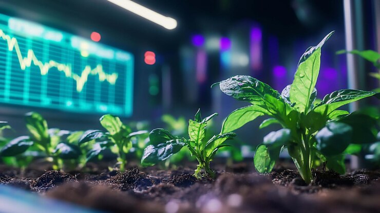 PSD plantas verdes creciendo en un sistema hidropónico futurista iluminado por luces brillantes con un gráfico financiero visible en el fondo