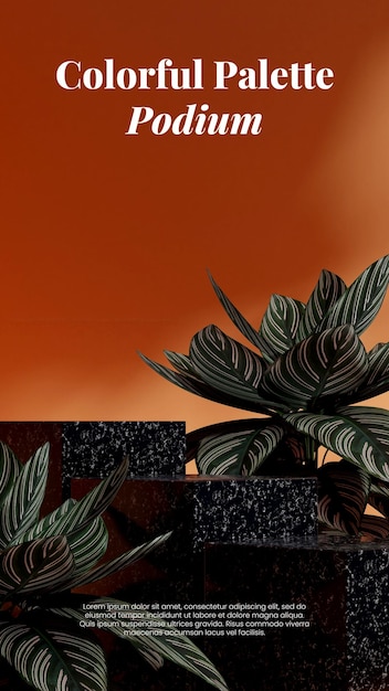 Plante Calathea Et Mur Orange Modèle D'image De Rendu 3d Maquette Podium En Marbre Noir En Portrait