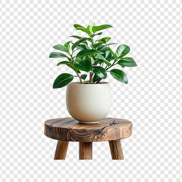 Plante d'intérieur dans un pot sur un support en bois isolé sur un fond transparent