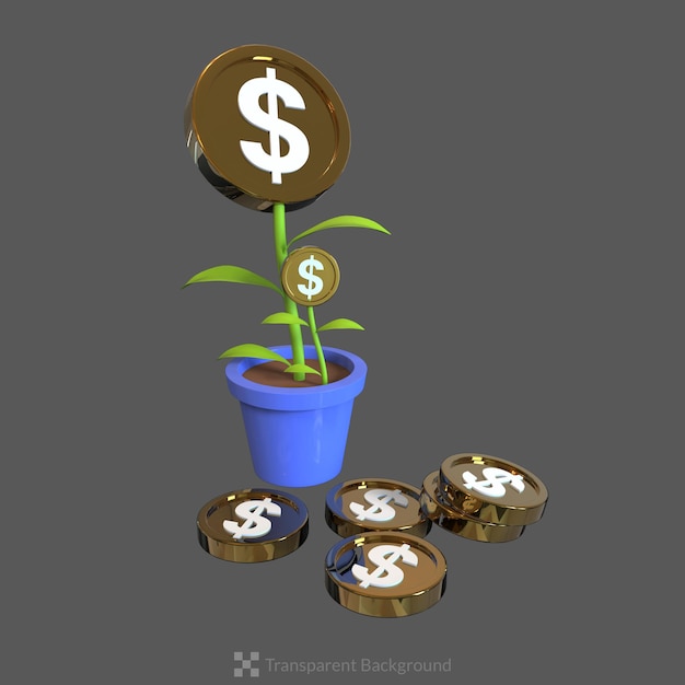 Plante En Pot De Rendu 3d Avec Des Pièces D'or Illustration D'une Entreprise En Croissance économique