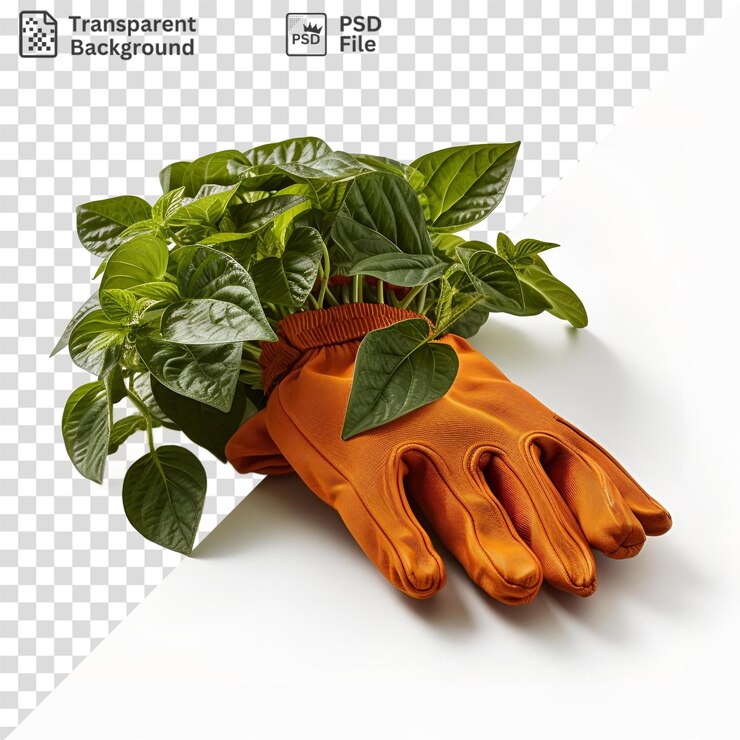 PSD une plante verte avec des feuilles et un gant orange sur un fond blanc