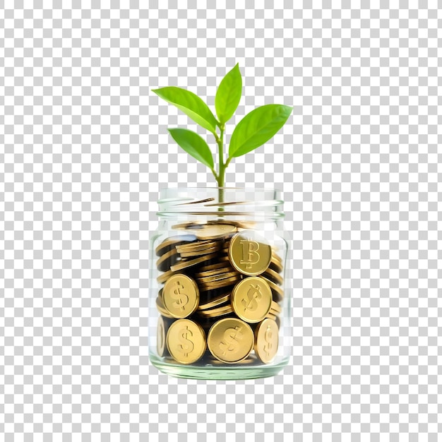 Une plante verte poussant à partir de pièces de monnaie dans un pot sur un fond transparent
