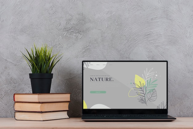 Planter sur des livres à côté d'un ordinateur portable au bureau