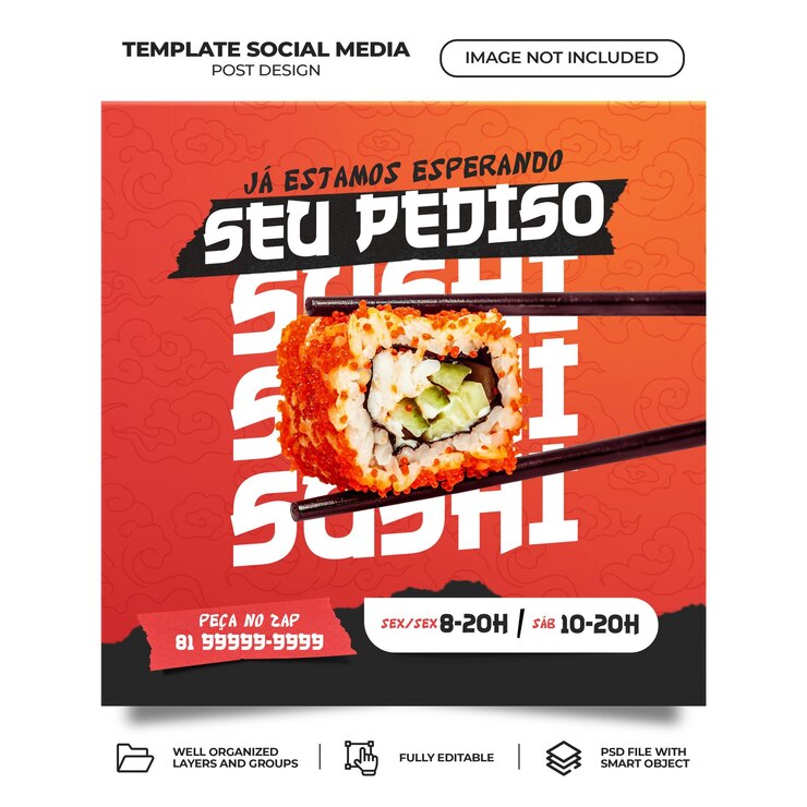 PSD plantilla de alimentación de banner de redes sociales de comida asiática deliciosa psd portugués brasileño