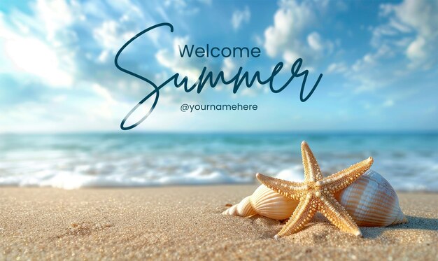 PSD plantilla de bandera de bienvenida de verano estrella de concha de mar en la playa de arena tranquil blue vacaciones de verano