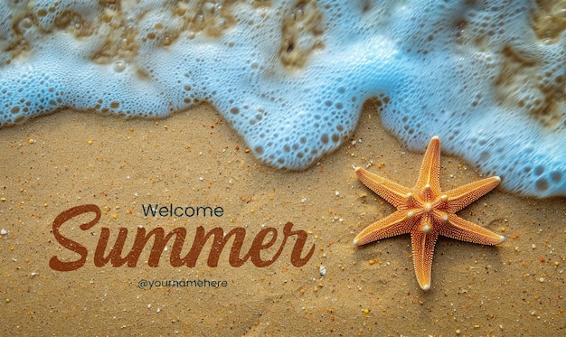 Plantilla de bandera de bienvenida de verano estrella de concha de mar en la playa de arena tranquil blue vacaciones de verano