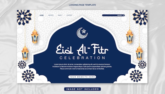 Plantilla de bandera de la página de aterrizaje de la celebración de Eid AlFitr en azul y blanco con fondo islámico
