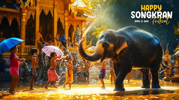 Plantilla de bandera de songkran con un elefante salpicando agua durante el festival de songkran de tailandia