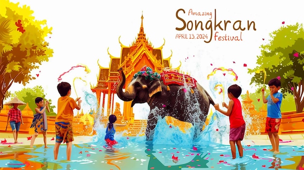 PSD plantilla de bandera de songkran con un elefante salpicando agua durante el festival de songkran de tailandia