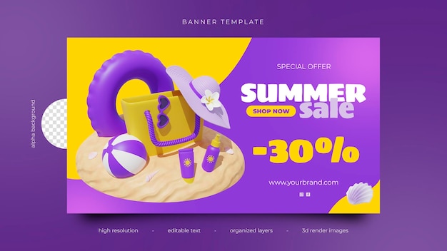 PSD plantilla de banner 3d oferta de verano púrpura amarillo publicidad accesorios de playa bolsa gafas de sol crema