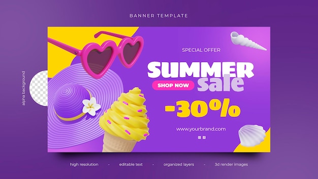 PSD plantilla de banner 3d psd oferta de verano púrpura amarillo rosa publicidad helado sombrero para el sol accesorios de playa