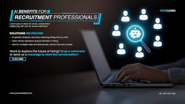plantilla de banner de automatización de reclutamiento de empleo con una persona que utiliza una computadora portátil para encontrar información de contacto