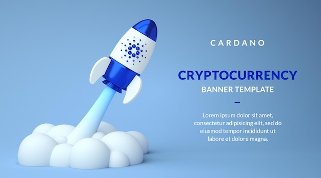Plantilla de banner de Cardano ADA con espacio de copia, criptomoneda alcista en un cohete en renderizado 3D