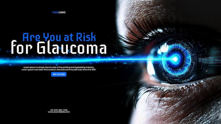 PSD plantilla de banner de cierre de ángulo de gestión de glaucoma con un primer plano de un ojo con rayos láser que brillan a través de la iris