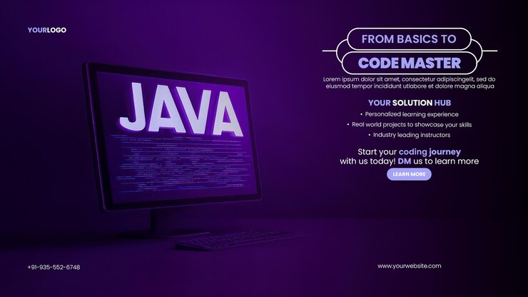 PSD plantilla de banner de codificación de tecnología de codificación con pantalla púrpura que muestra la palabra java con código