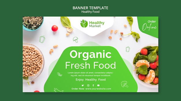 Plantilla de banner de comida sana de diseño plano