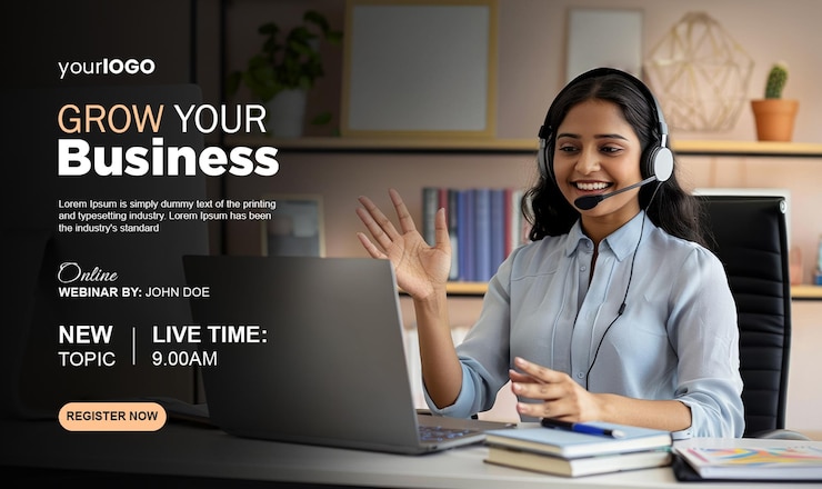 PSD plantilla de banner de conferencia webinar con una mujer india que usa auriculares y habla en una computadora portátil