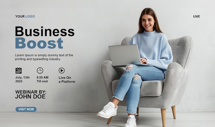 PSD plantilla de banner de la conferencia de webinar con una mujer joven sentada en una silla con una computadora portátil