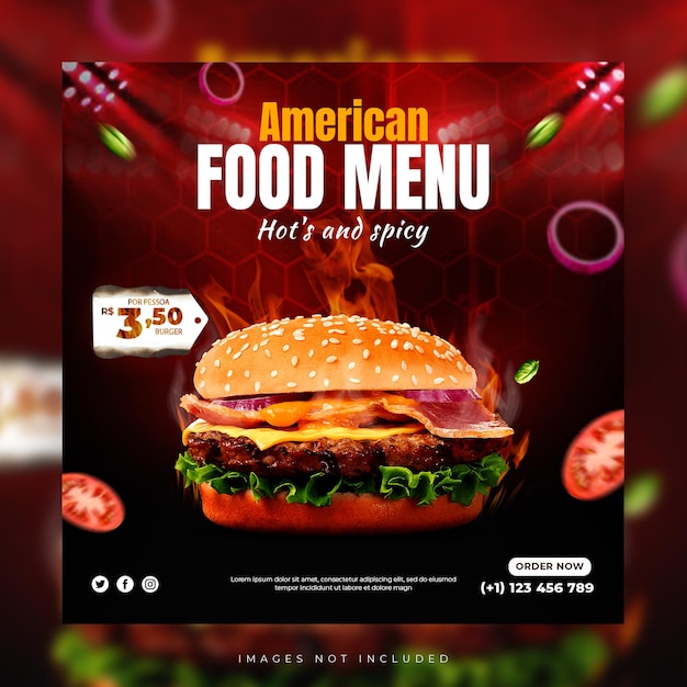 Plantilla de banner cuadrado de publicación de instagram de redes sociales de menú de comida de hamburguesa americana