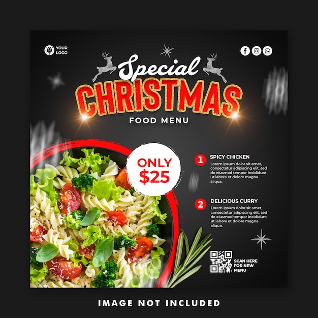 Plantilla de banner cuadrado de publicación de redes sociales de menú de comida navideña