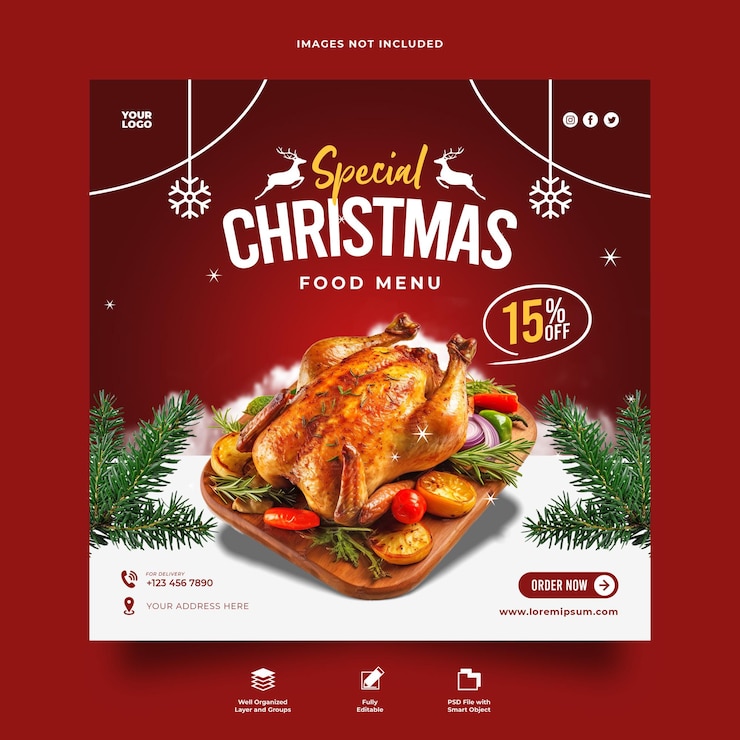 PSD plantilla de banner cuadrado de publicación en redes sociales de menú de comida de restaurante navideño psd