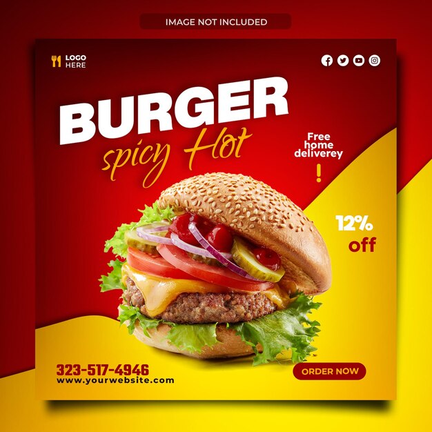 PSD plantilla de banner cuadrado de redes sociales de diseño amarillo rojo de menú de comida y hamburguesa picante y picante