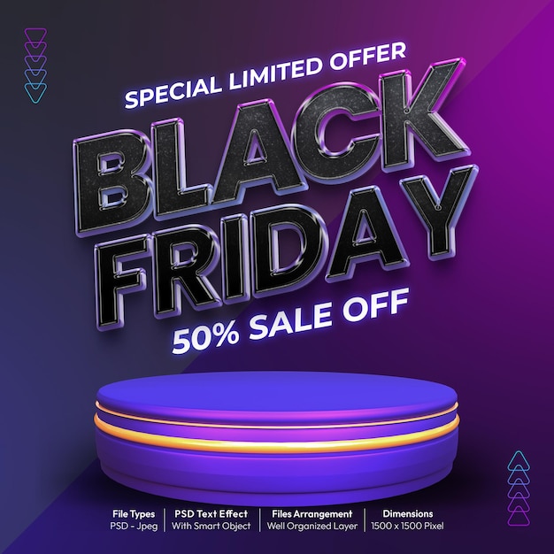 Plantilla de banner cuadrado de venta de viernes negro PSD con estilo de fuente 3d