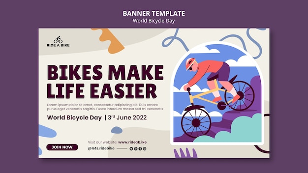 Plantilla de banner del día mundial de la bicicleta de diseño plano