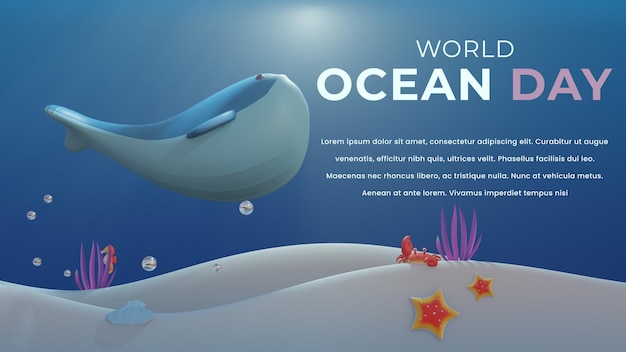PSD plantilla de banner del día mundial del océano con ballena 3d