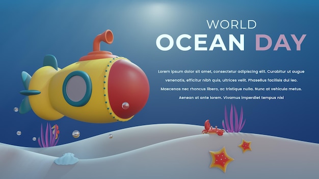Plantilla de banner del día mundial del océano con submarino 3d