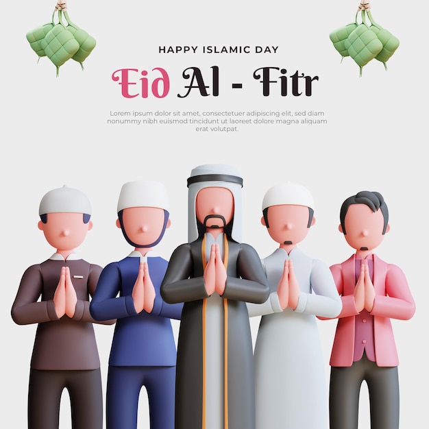 Plantilla de banner de Eid Mubarak con personaje musulmán masculino 3d