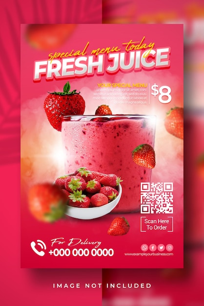 Plantilla de banner de exhibición de volante de cartel de promoción de menú dulce de fresa bebida de hielo especial de jugo fresco
