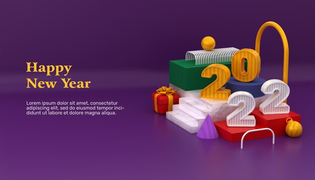 Plantilla de banner de feliz año nuevo 2022 3d