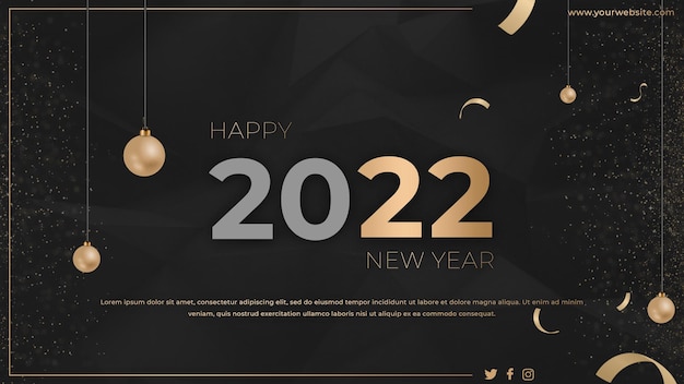 Plantilla de banner de feliz año nuevo 2022 con fondo oscuro y tema dorado